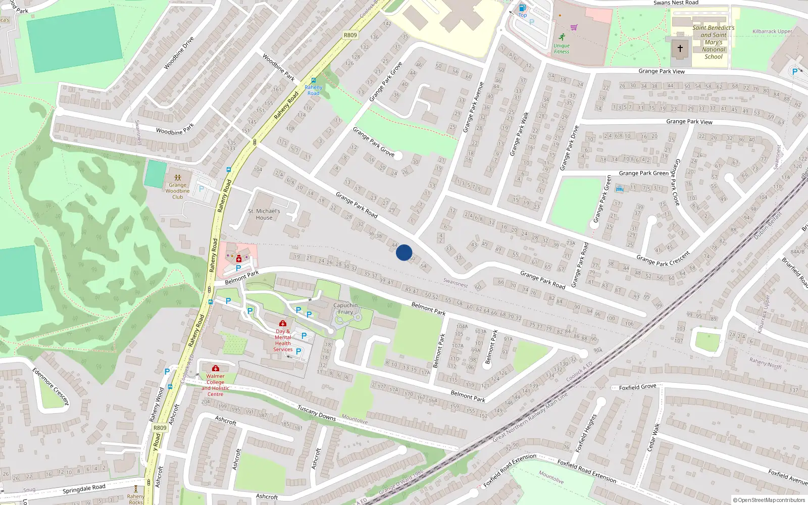 Overhead map showing the location of 48 Grange Park Road, Raheny, Dublin 5