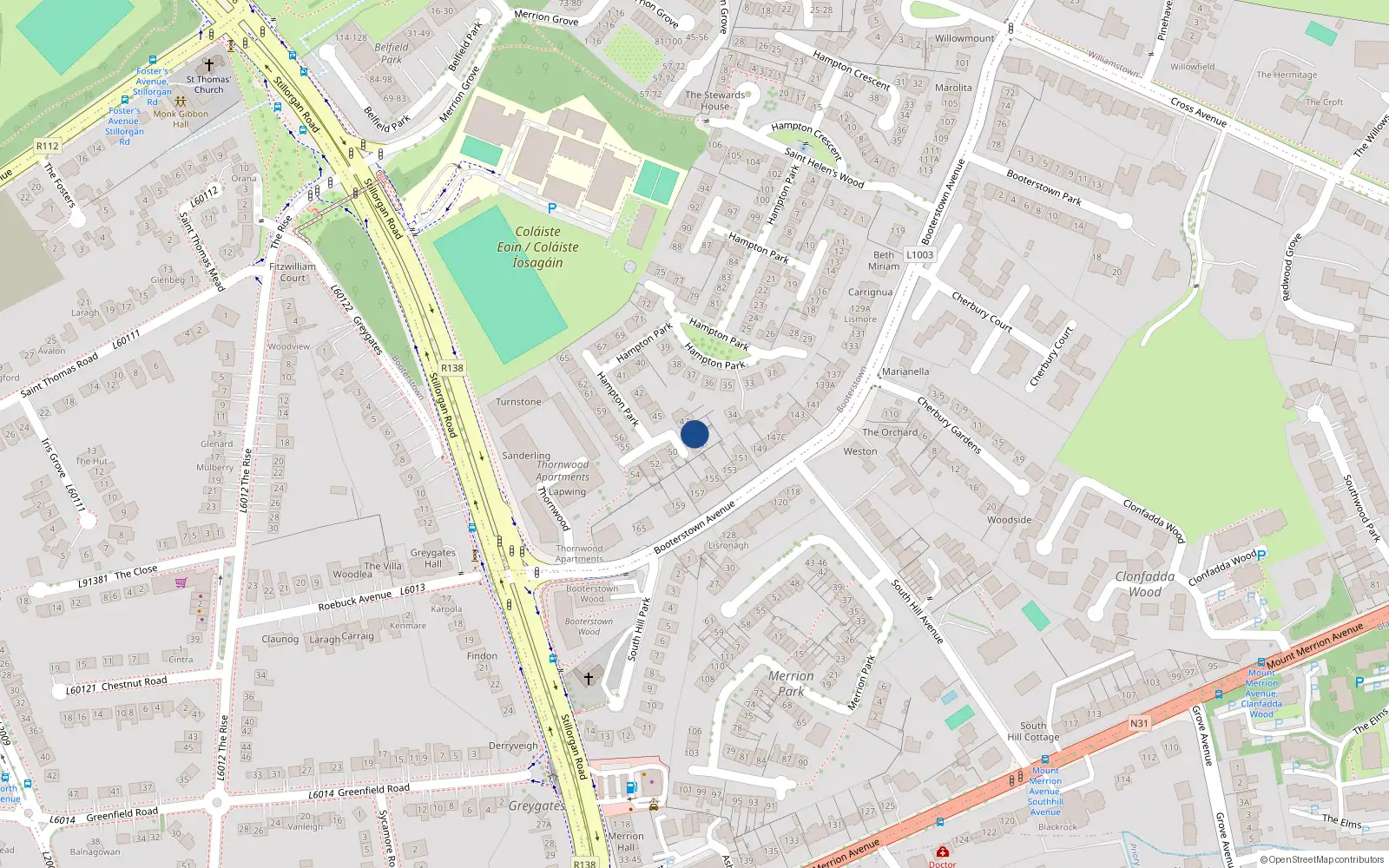 Overhead map showing the location of 48 Hampton Park, Booterstown