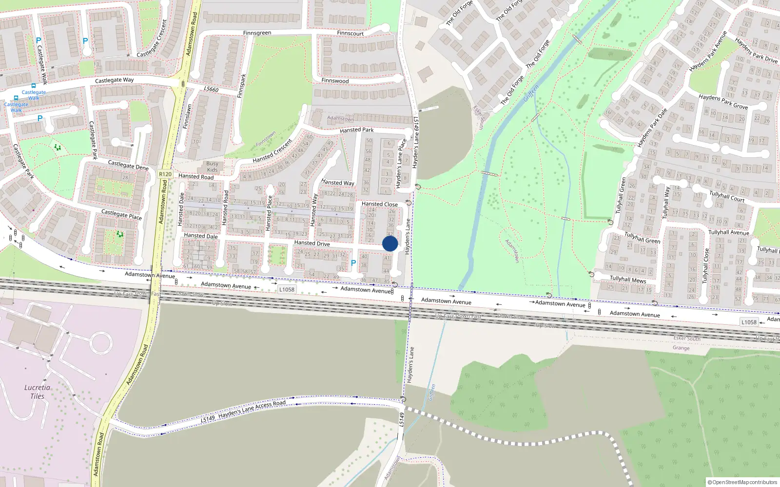 Overhead map showing the location of 48 Hansted Close, Lucan