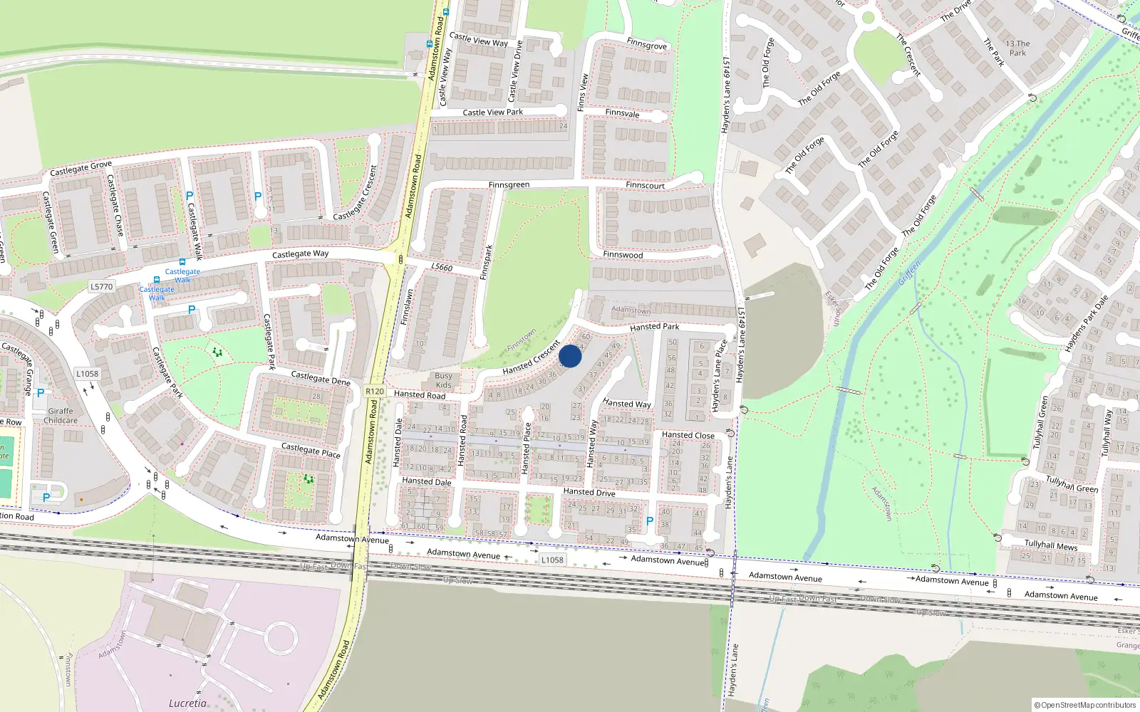 Overhead map showing the location of 48 Hansted Crescent, Lucan