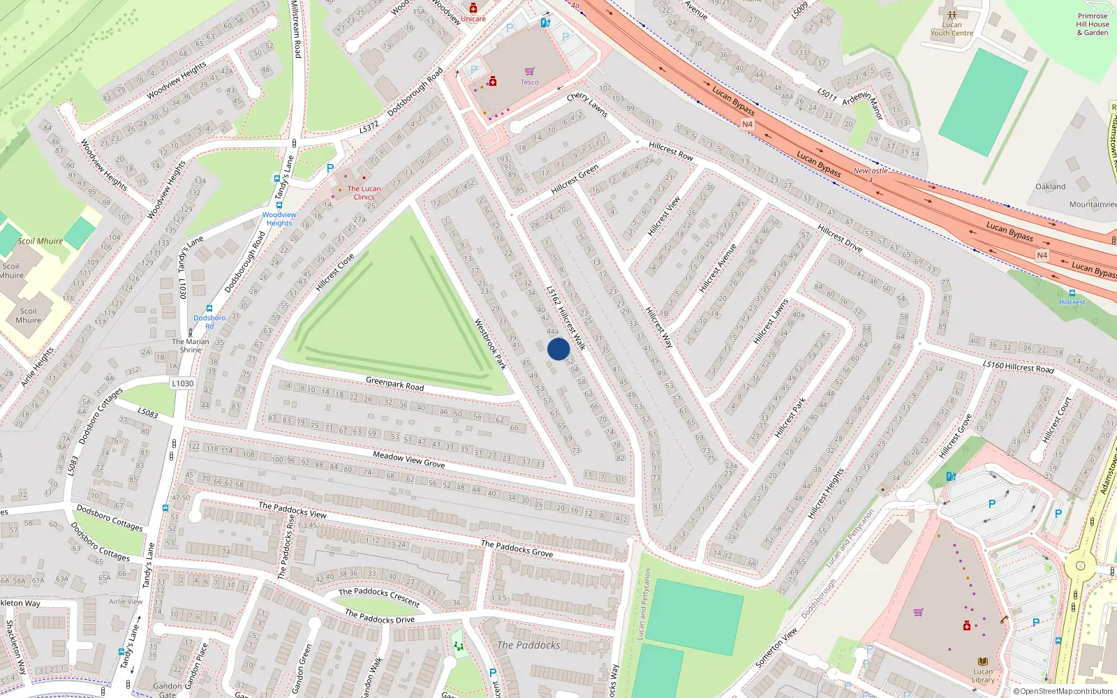 Overhead map showing the location of 48 Hillcrest Walk, Lucan