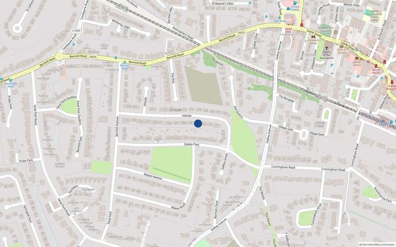 Overhead map showing the location of 48 Hillside, Dalkey