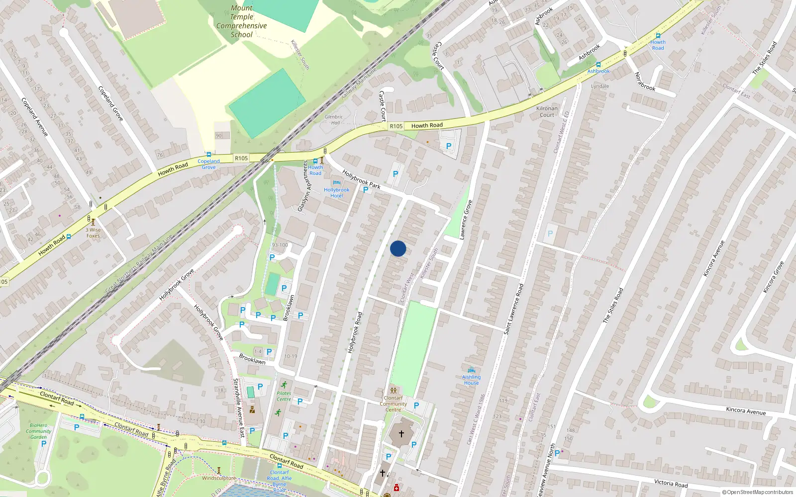 Overhead map showing the location of 48 Hollybrook Road, Dublin 3