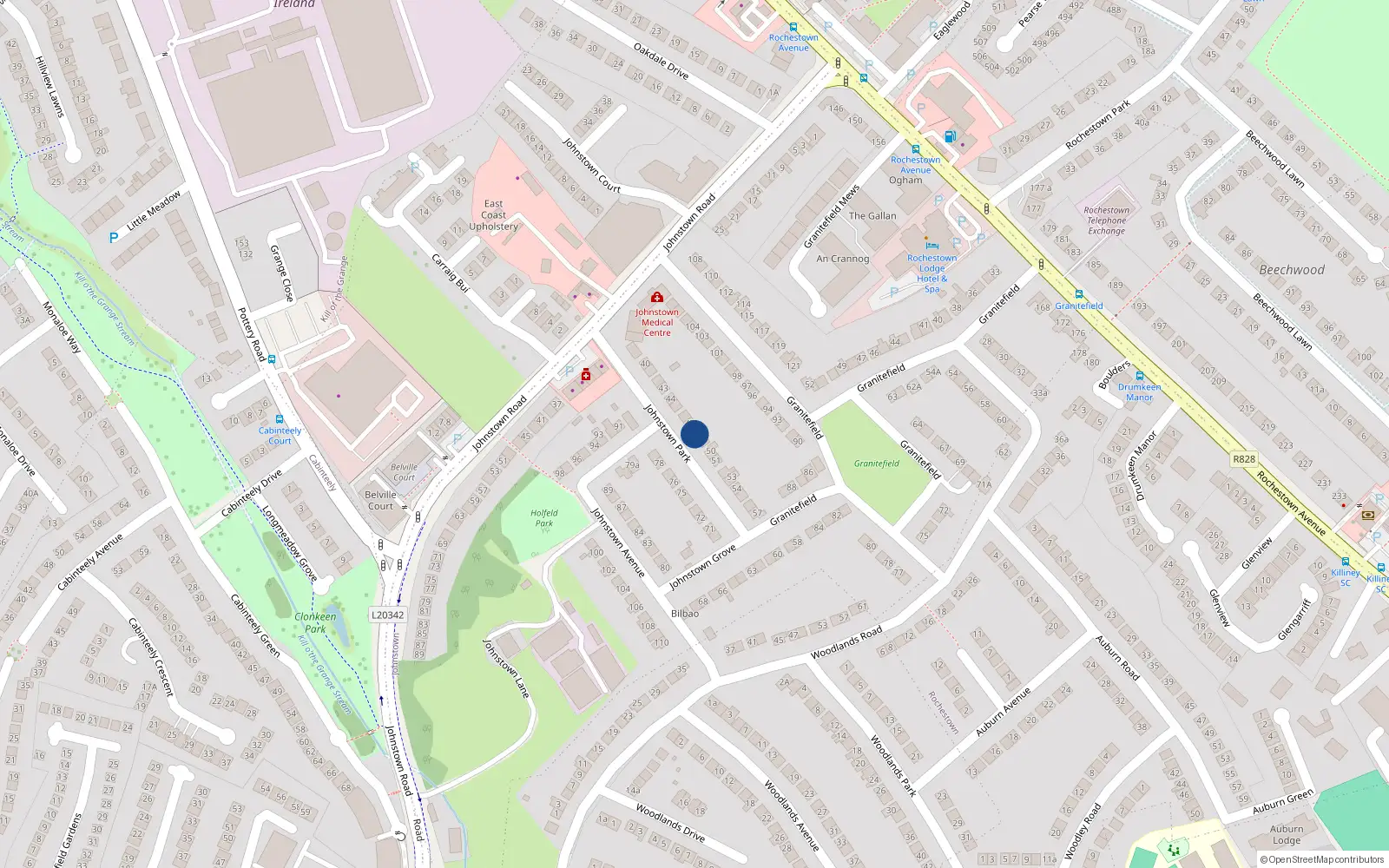 Overhead map showing the location of 48 Johnstown Park, Dun Laoghaire, Dublin