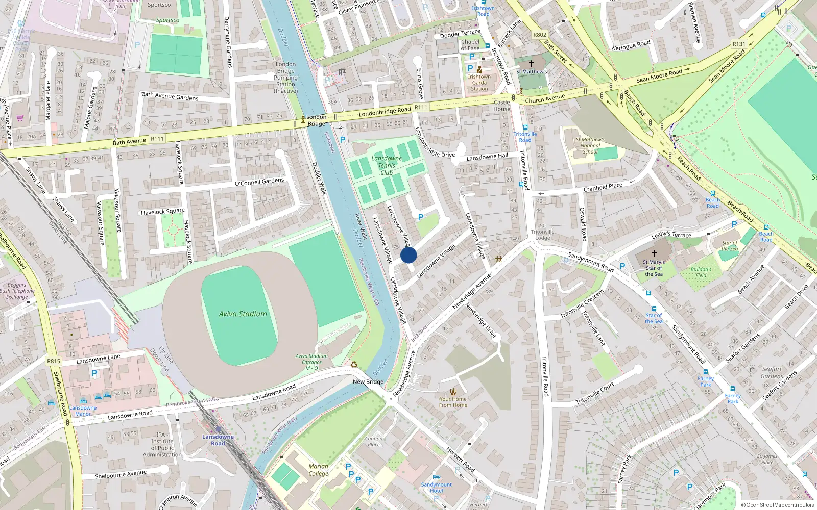 Overhead map showing the location of 48 Lansdowne Village, Irishtown