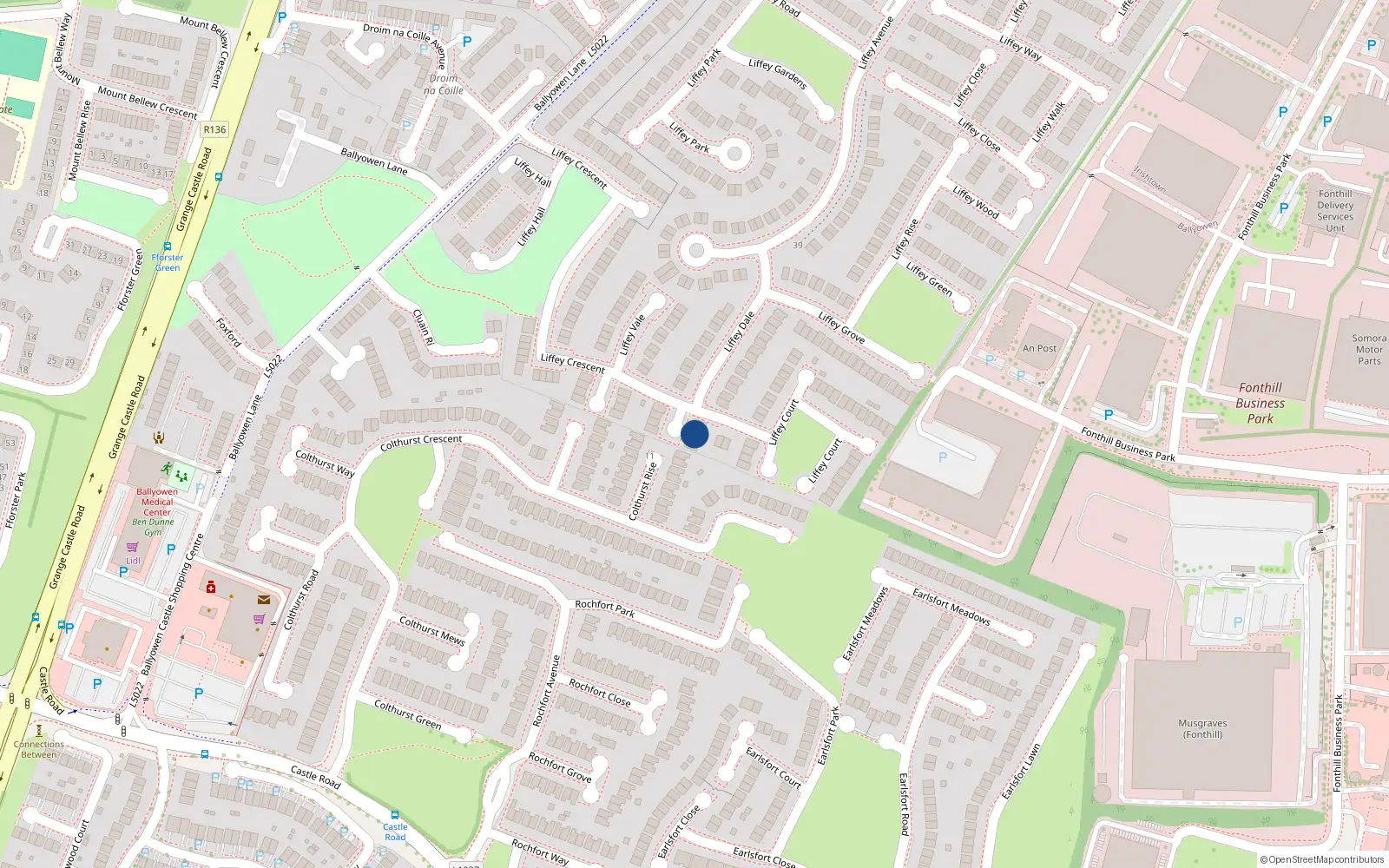 Overhead map showing the location of 48 Liffey Crescent, Liffey Valley Park, Lucan