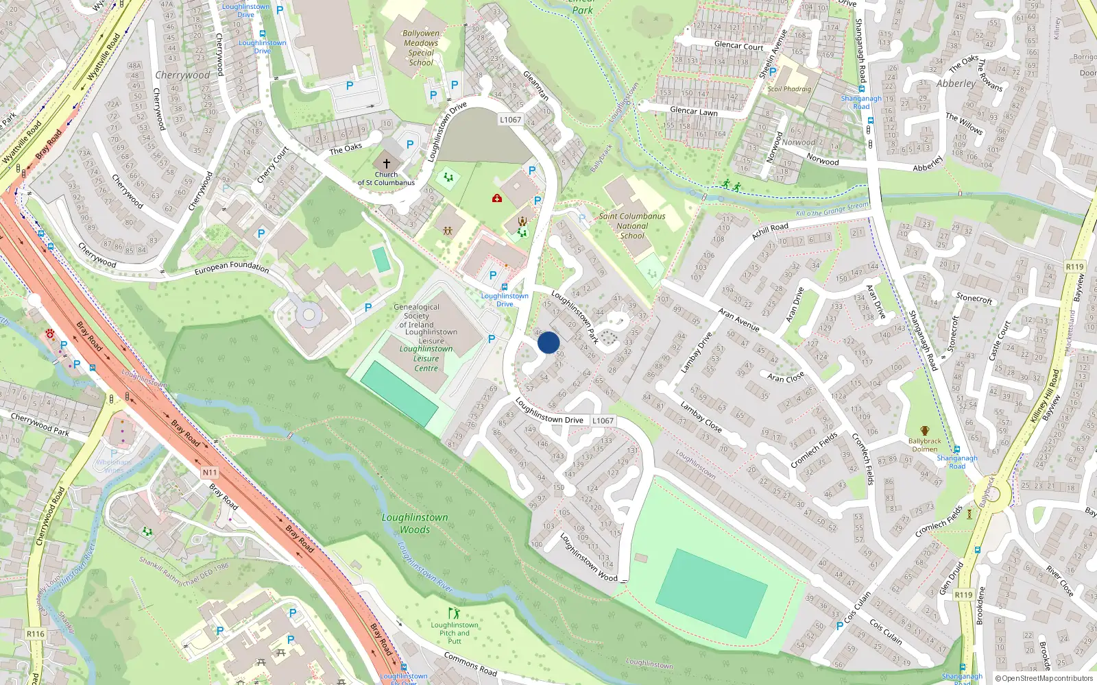 Overhead map showing the location of 48 Loughlinstown Park, Loughlinstown, Dun Laoghaire