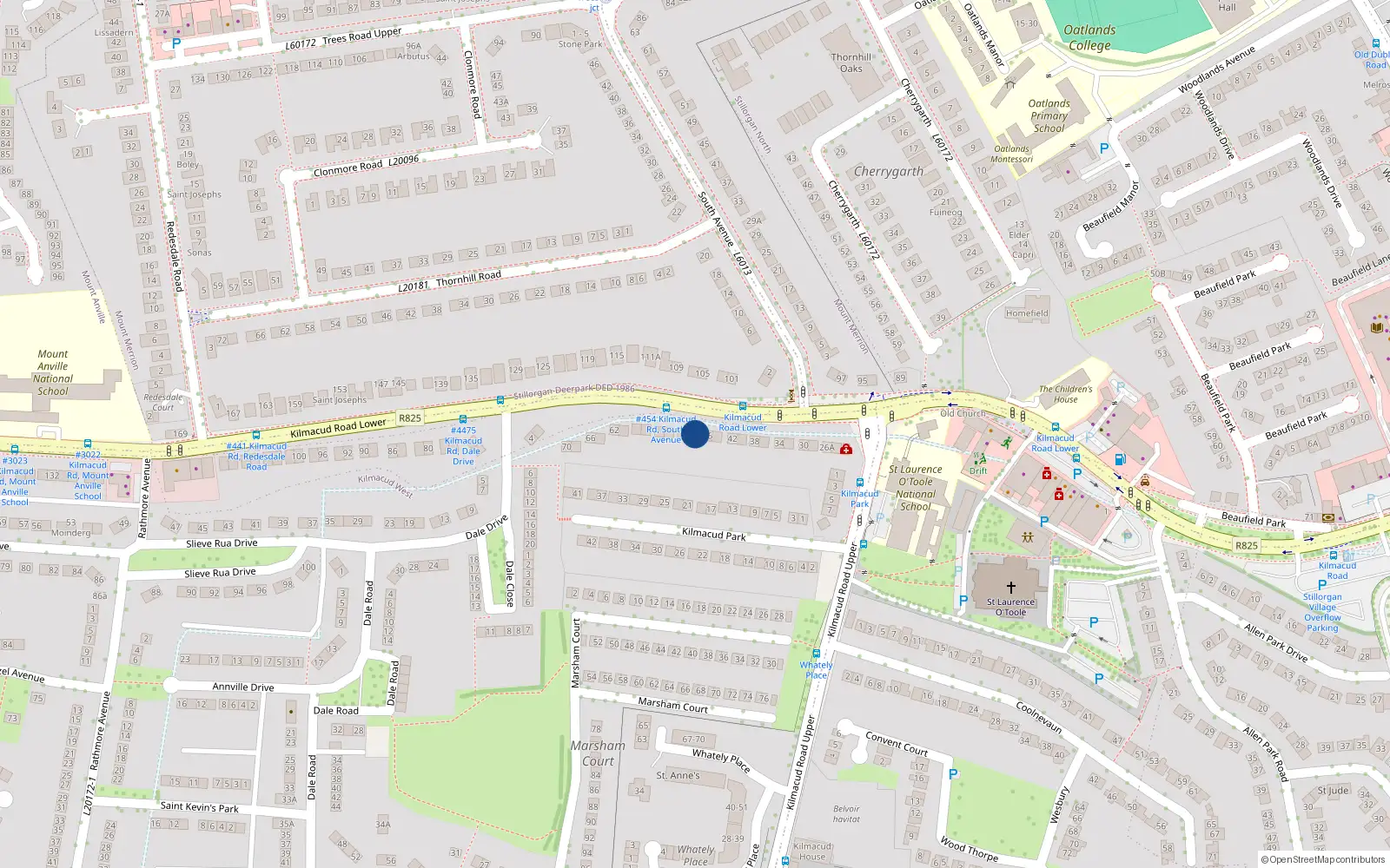 Overhead map showing the location of 48 Lower Kilmacud Road, Stillorgan, Dublin