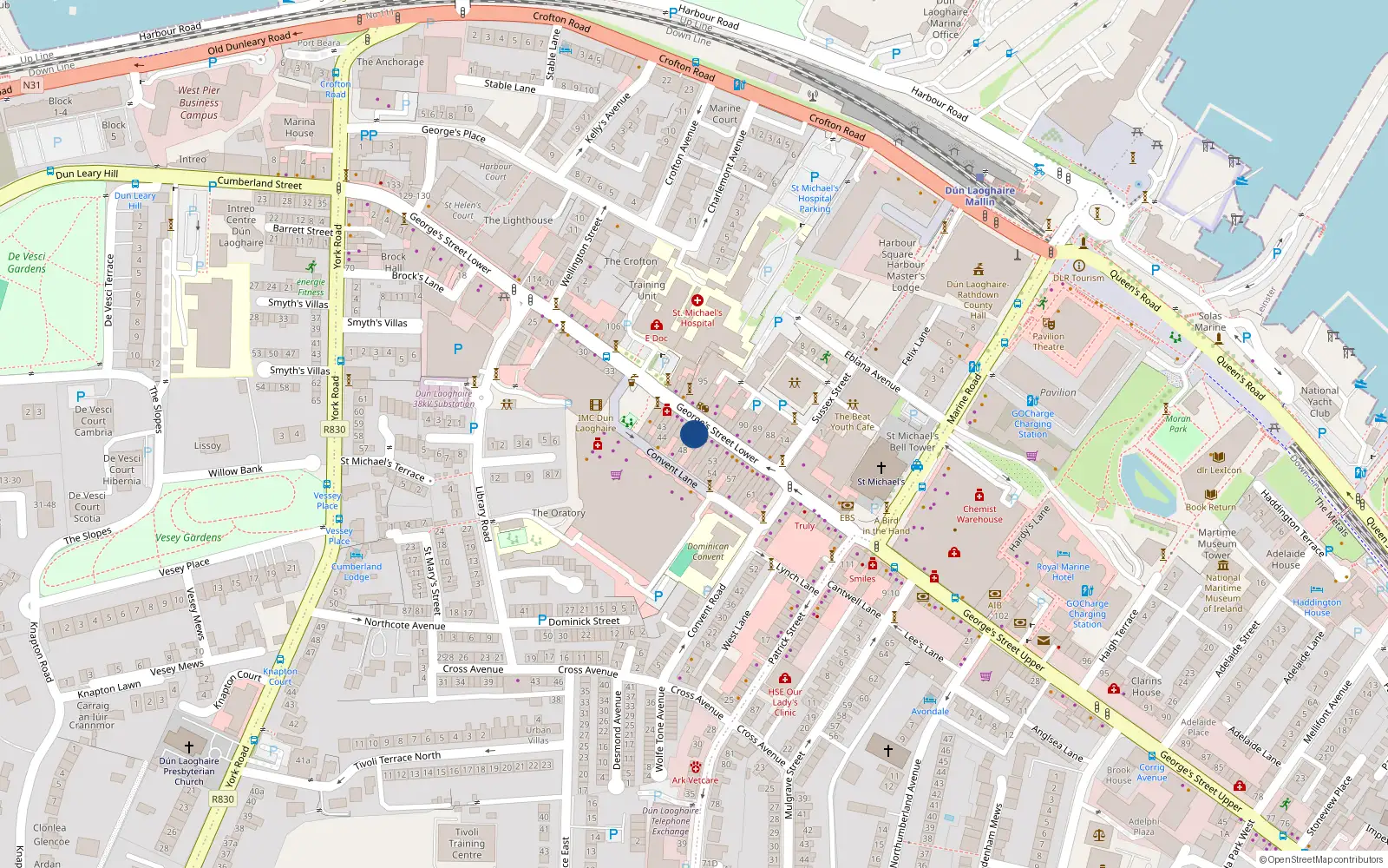 Overhead map showing the location of 48 Lr Georges St, Dunlaoghaire, Dublin