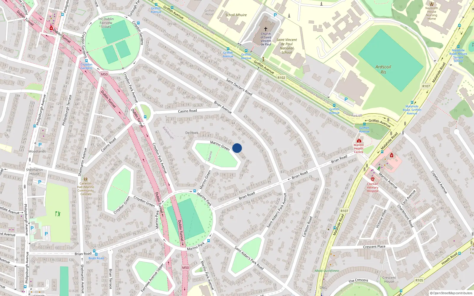 Overhead map showing the location of 48 Marino Green, Dublin 3