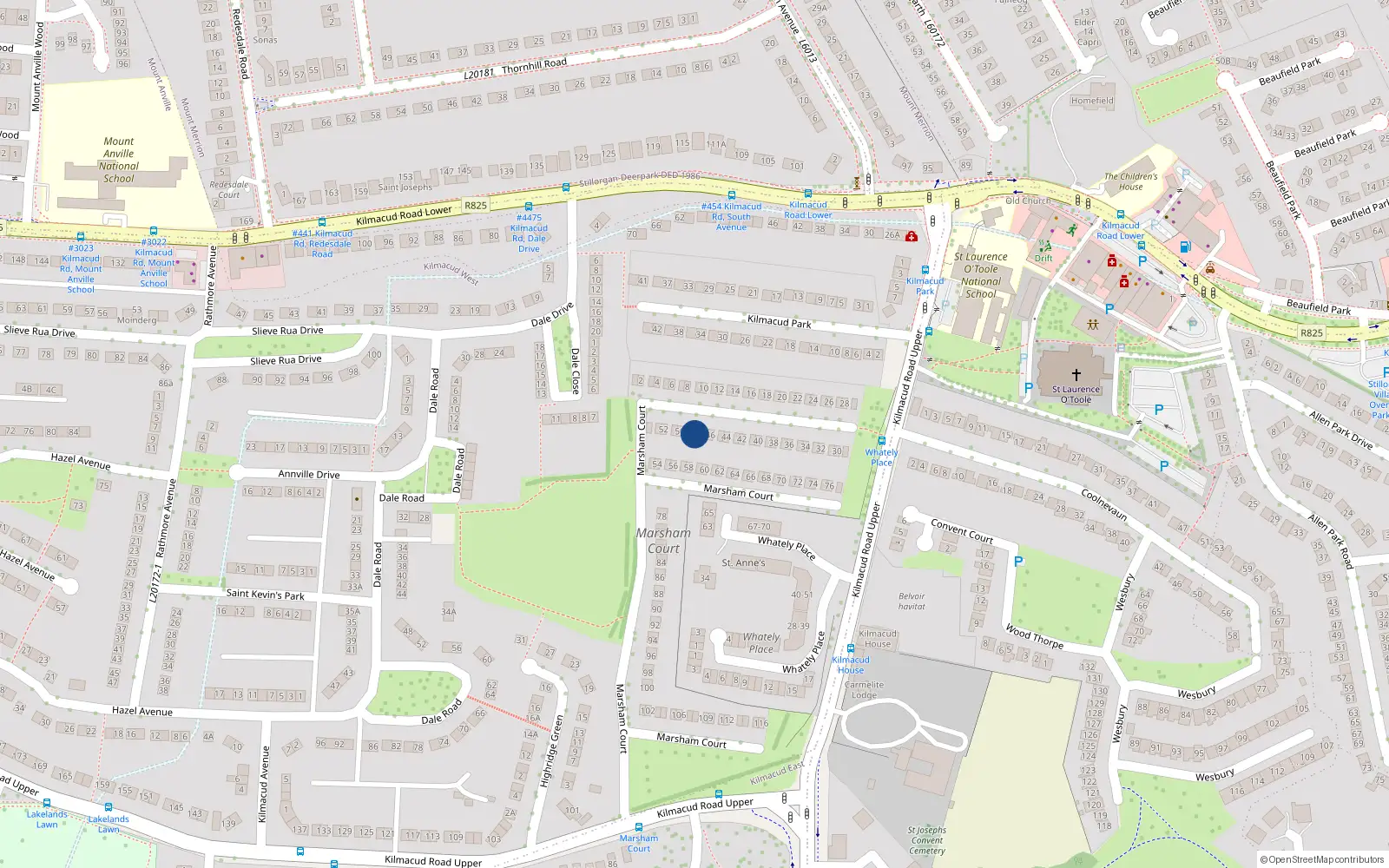 Overhead map showing the location of 48 Marsham Court, Stillorgan, Dublin
