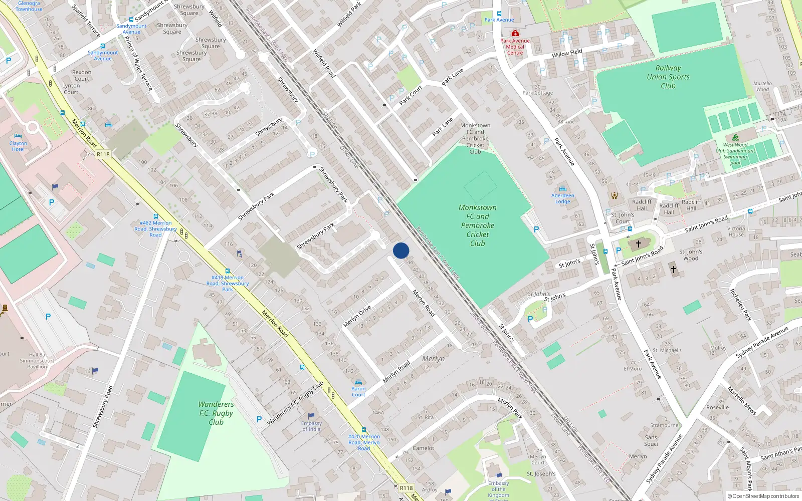 Overhead map showing the location of 48 Merlyn Road, Ballsbridge