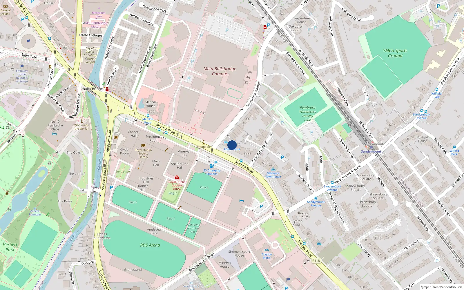 Overhead map showing the location of 48 Merrion Road, Ballsbridge