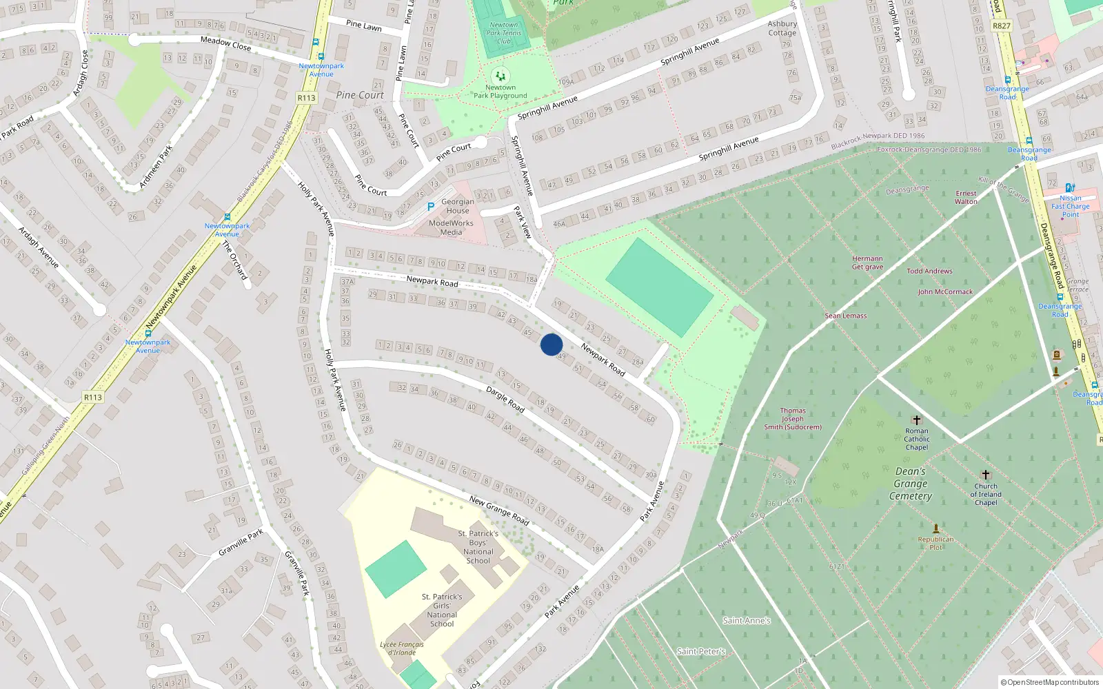 Overhead map showing the location of 48 New Park Road, Blackrock