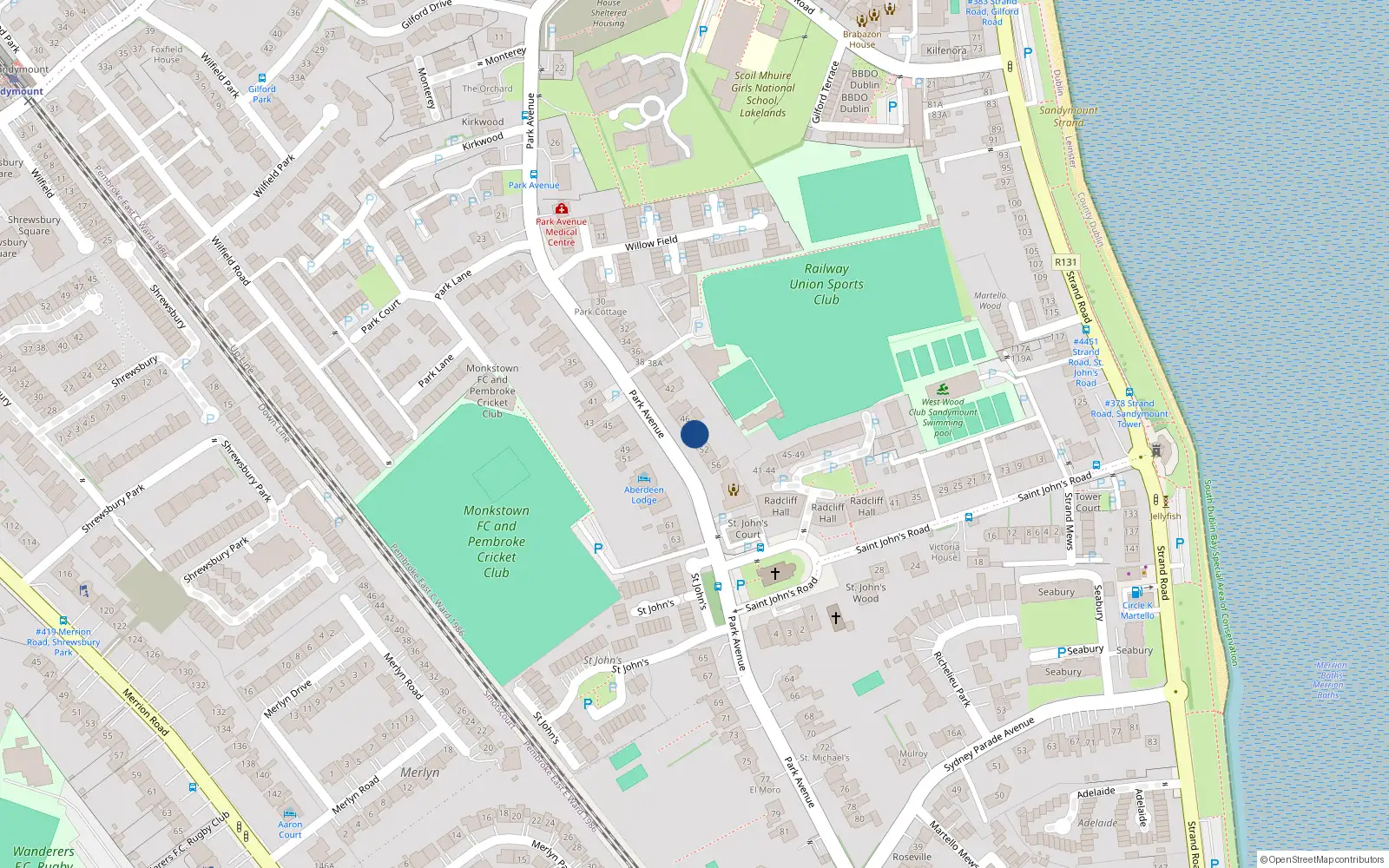 Overhead map showing the location of 48 Park Avenue, Sandymount
