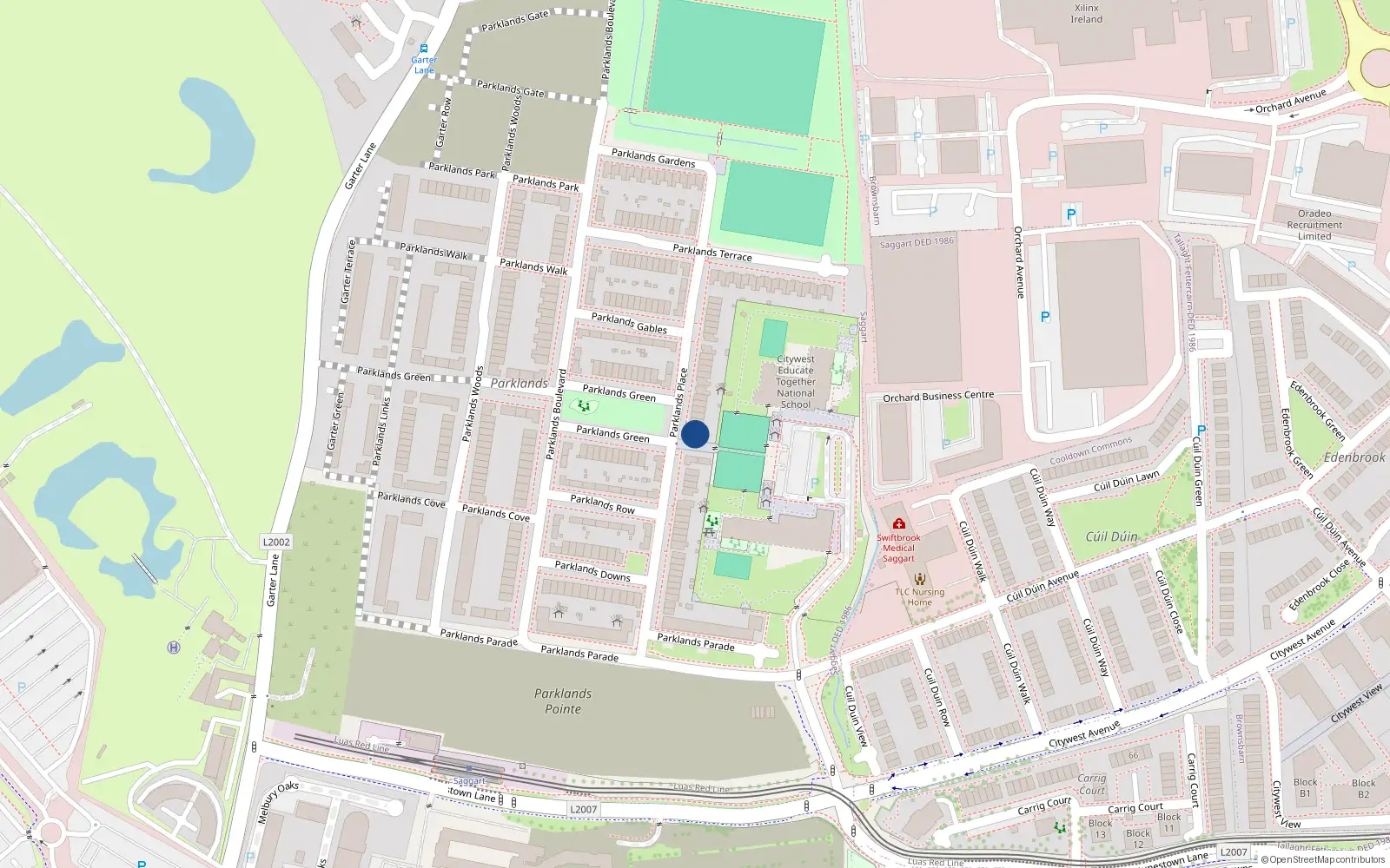 Overhead map showing the location of 48 Parklands Place, Saggart