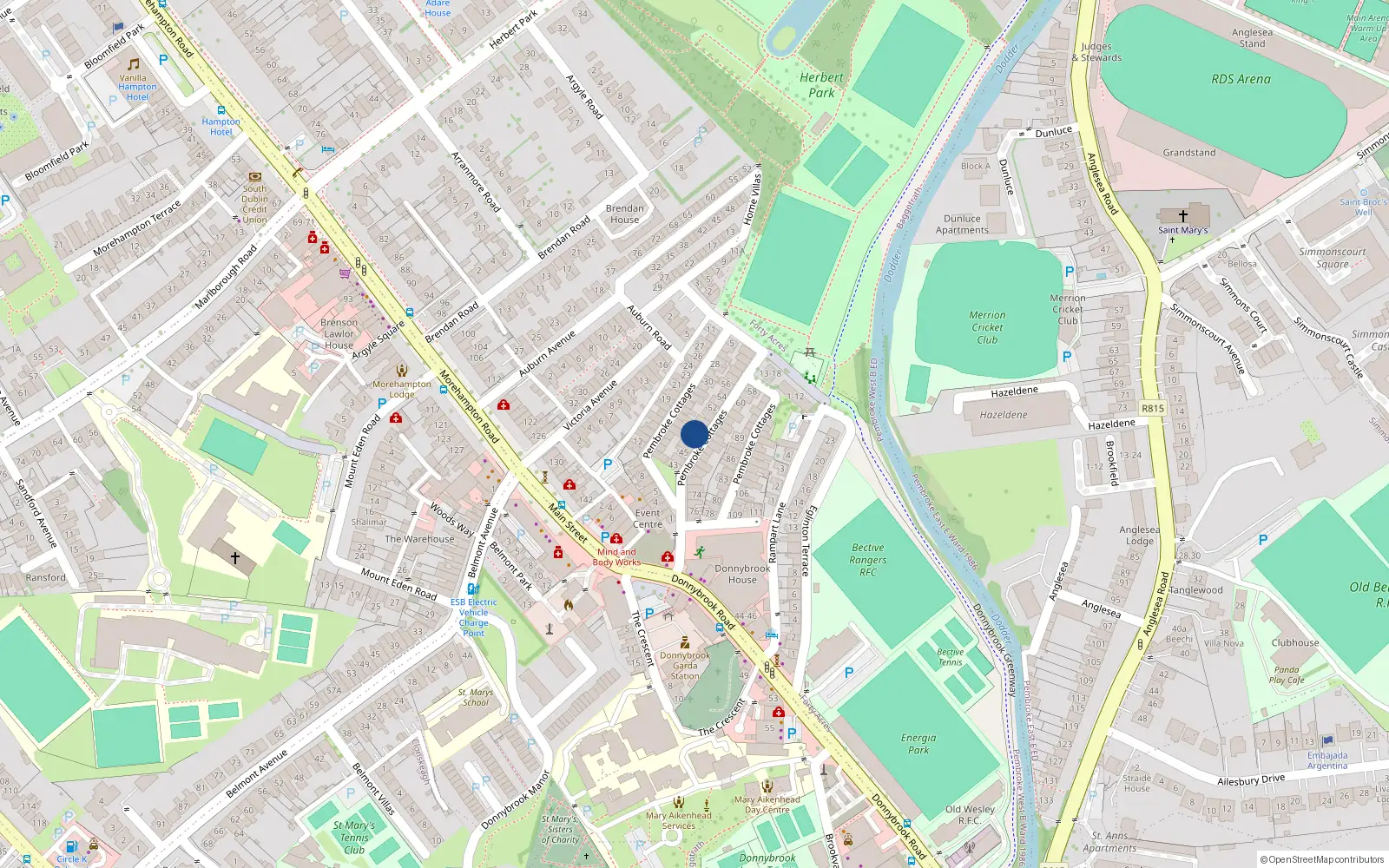 Overhead map showing the location of 48 Pembroke Cottages, Dublin 4