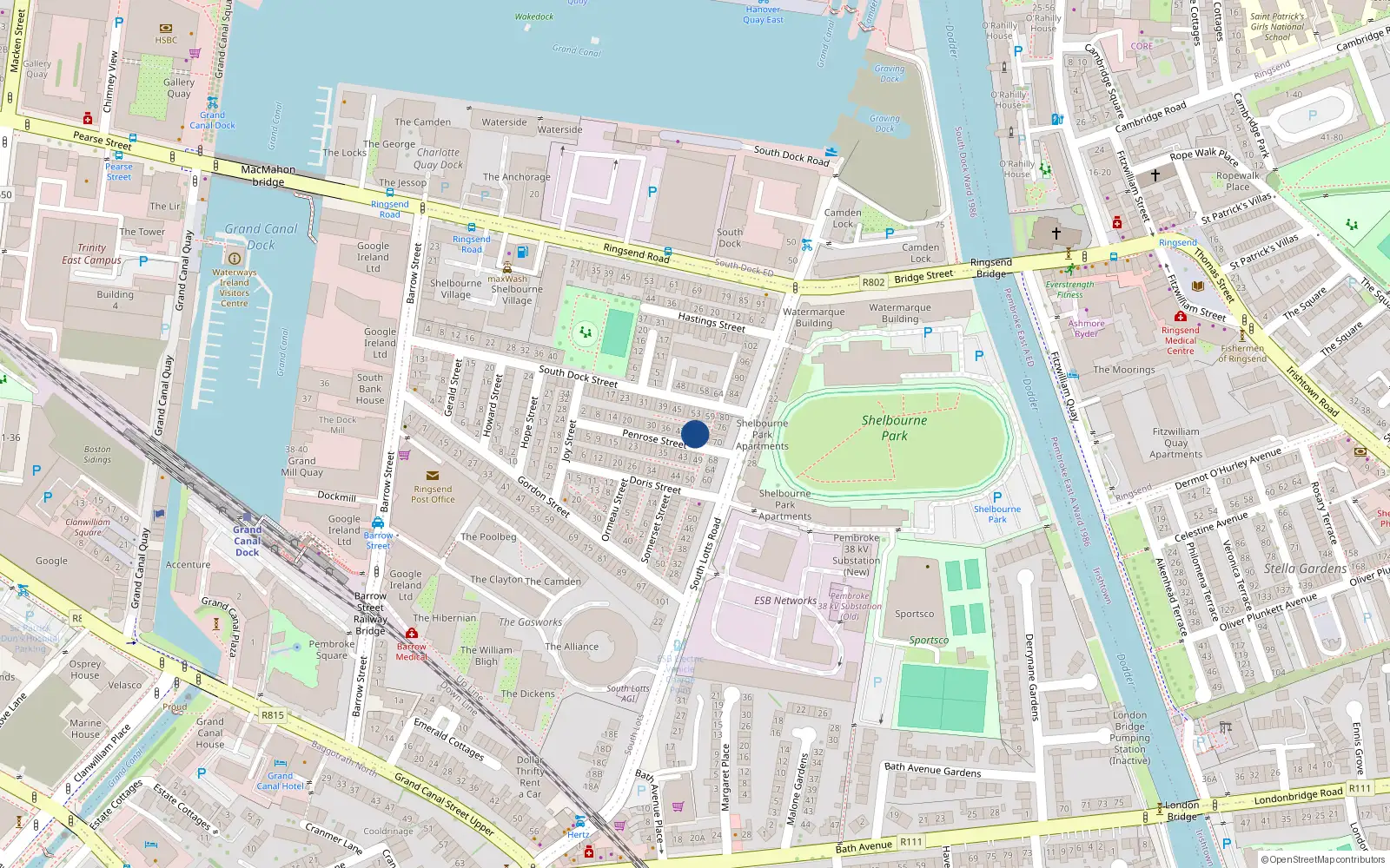 Overhead map showing the location of 48 Penrose Street, Dublin 4