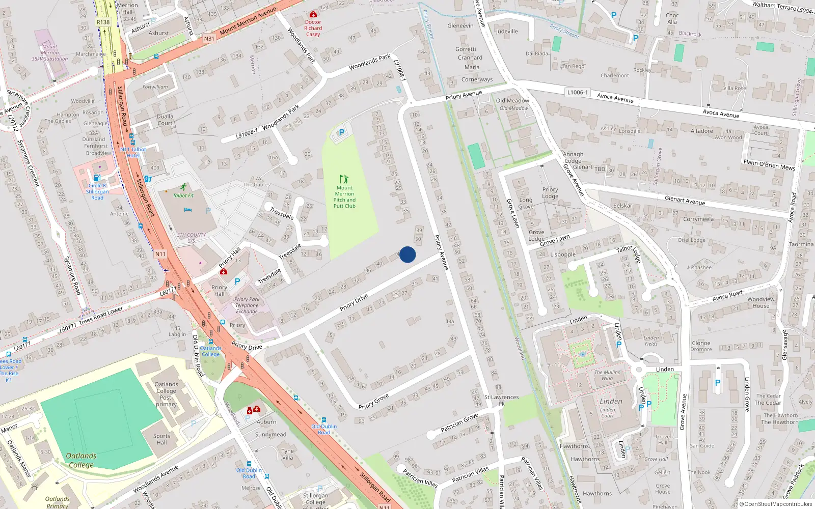 Overhead map showing the location of 48 Priory Drive, Dublin