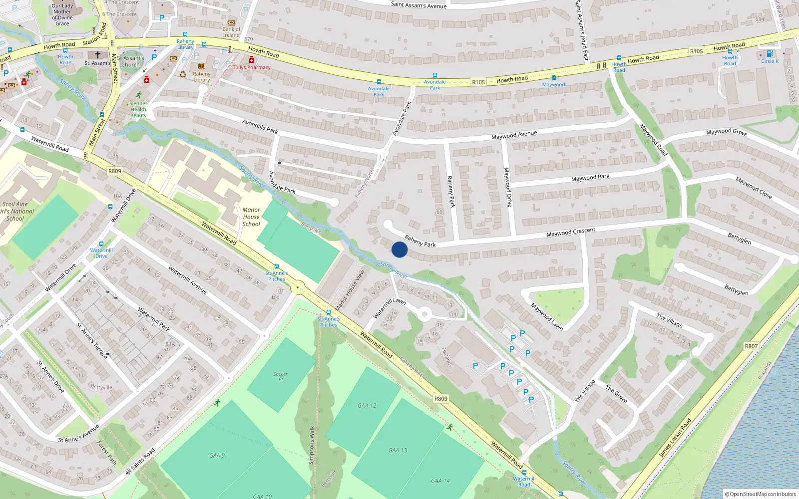 Overhead map showing the location of 48 Raheny Park, Raheny, Dublin 5