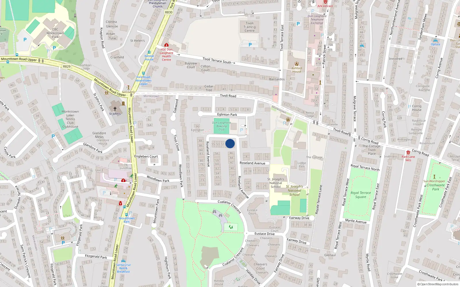 Overhead map showing the location of 48 Roseland Avenue, Cualanor, Dun Laoghaire