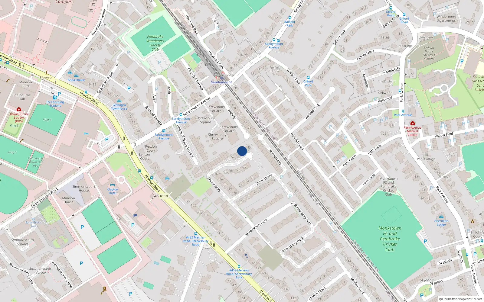 Overhead map showing the location of 48 Shrewsbury, Ballsbridge