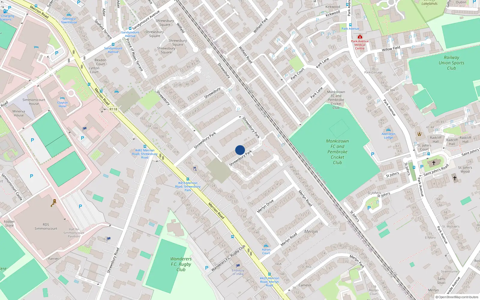 Overhead map showing the location of 48 Shrewsbury Park, Ballsbridge, Dublin 4