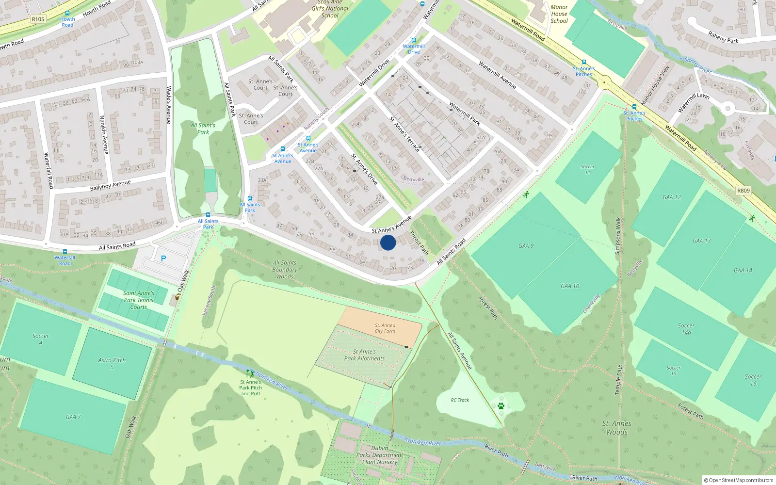 Overhead map showing the location of 48 Saint Anne's Avenue, Dublin 5