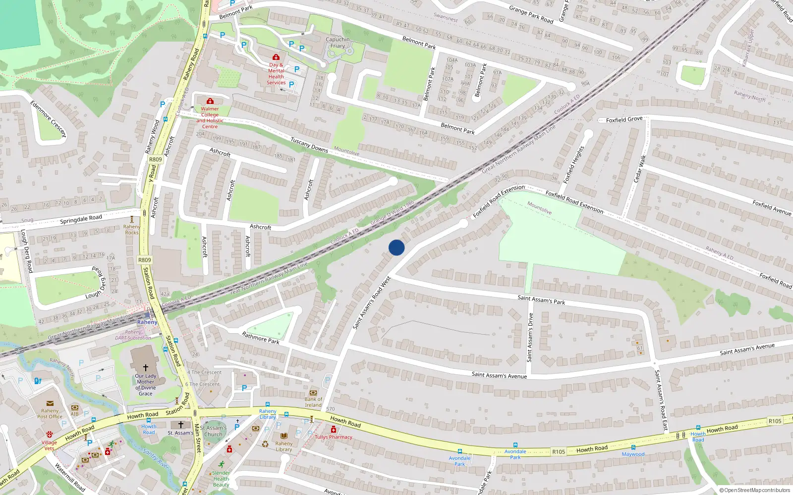 Overhead map showing the location of 48 St Assams Road West, Raheny, Dublin 5