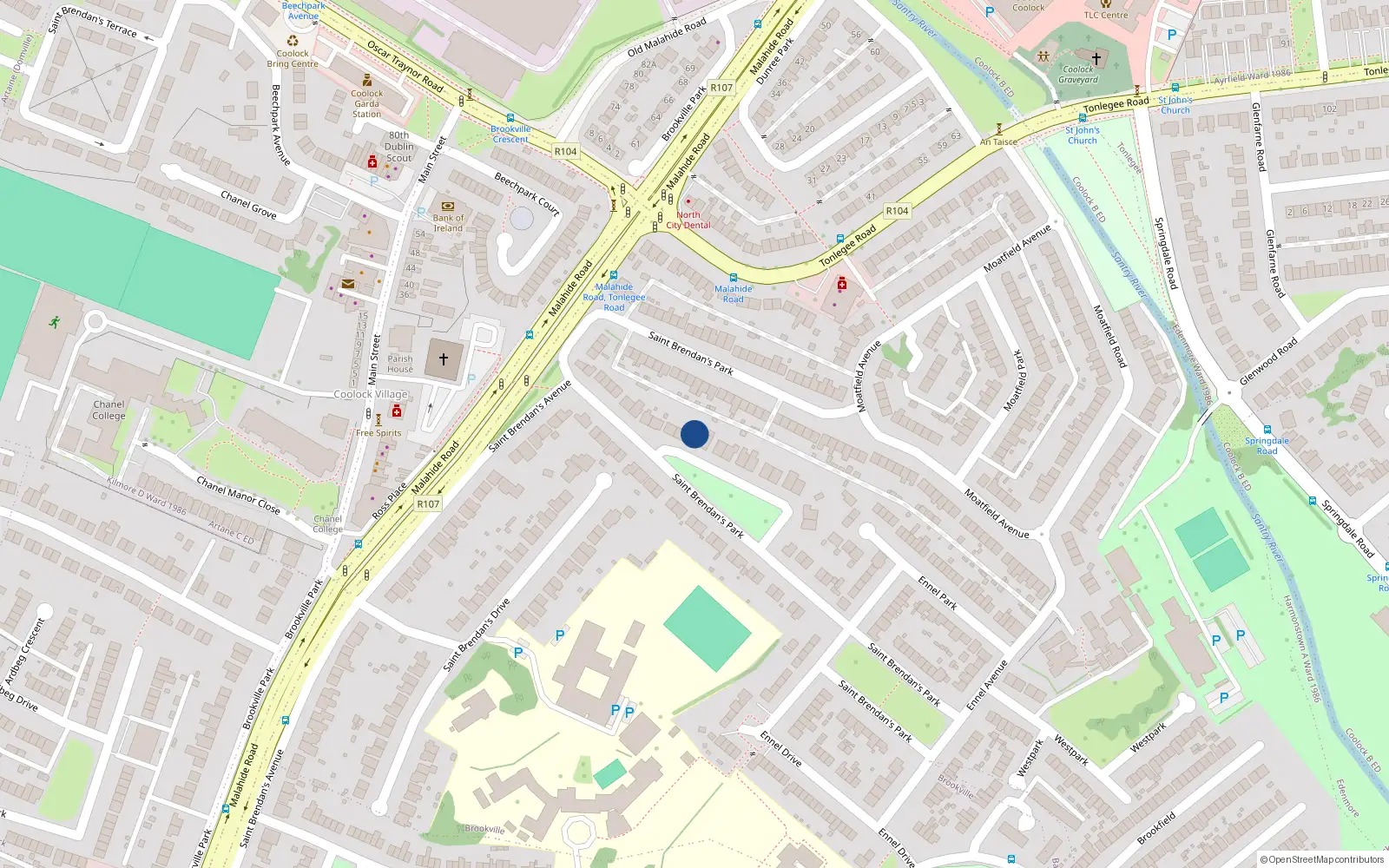 Overhead map showing the location of 48 Saint Brendan's Park, Dublin 5