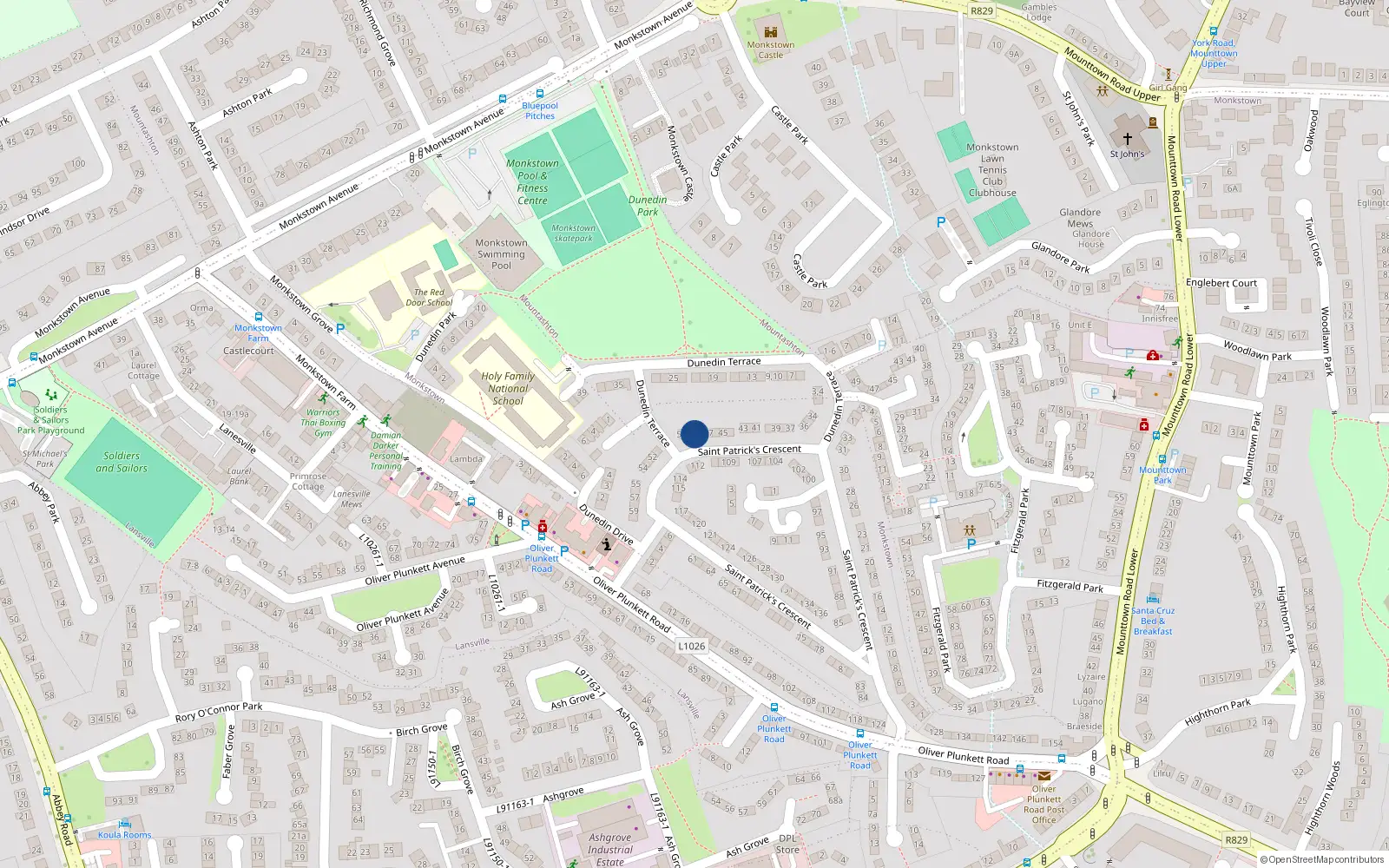 Overhead map showing the location of 48 St Patricks Crescent, Monkstown Farm, Dun Laoghaire