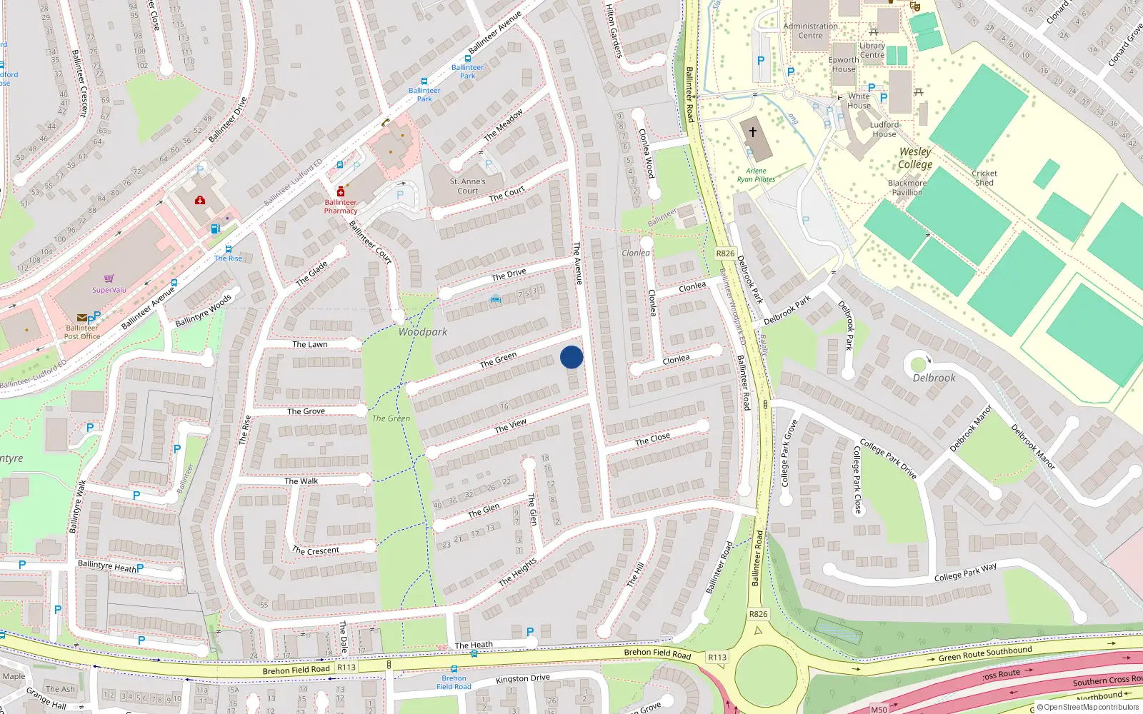 Overhead map showing the location of 48 The Avenue, Dublin 16