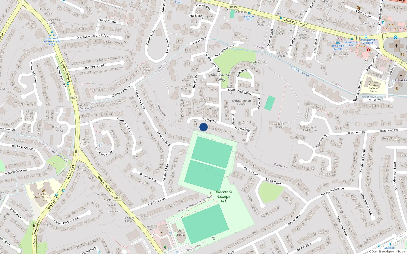 Overhead map showing the location of 48 The Beeches, Monkstown