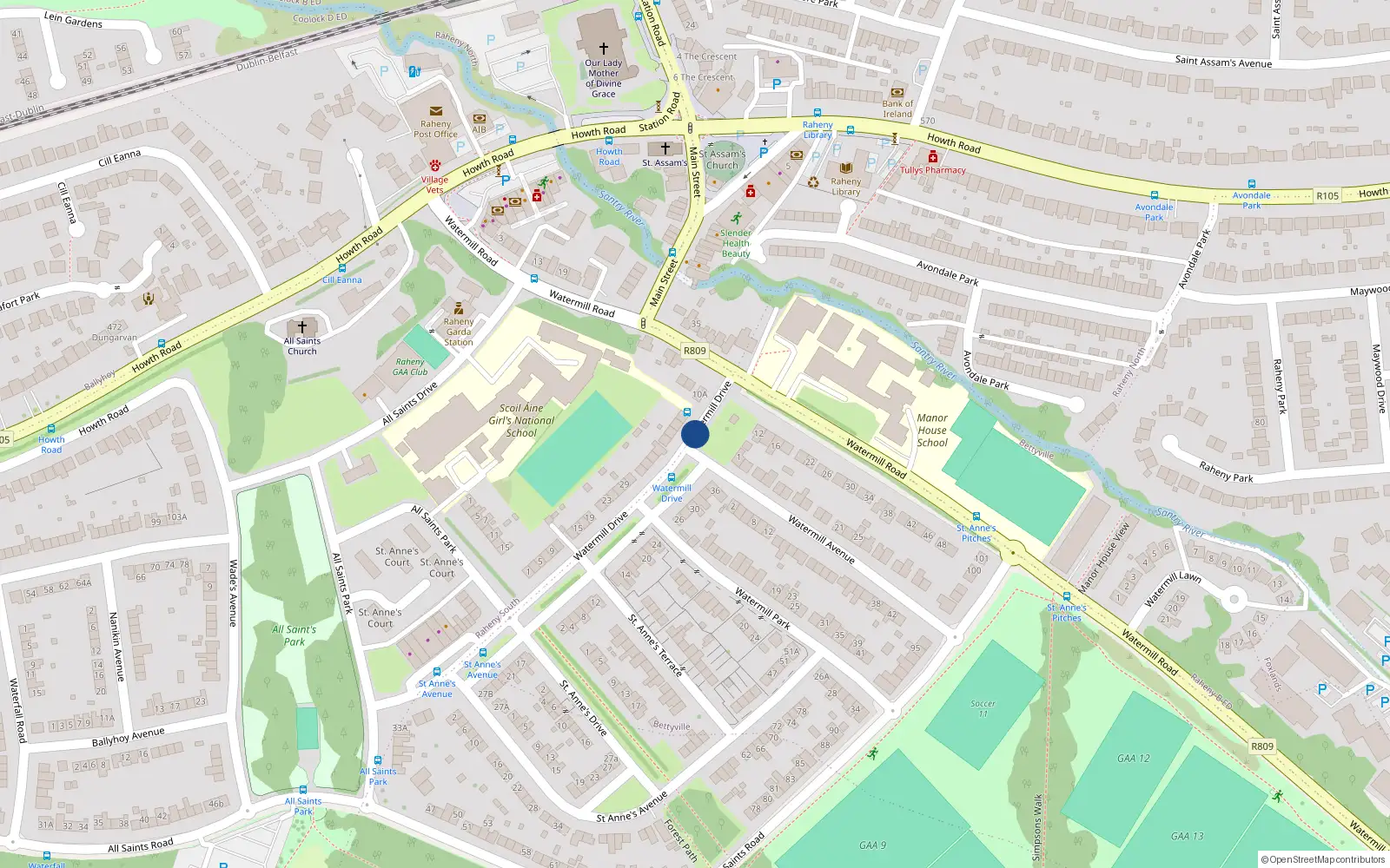 Overhead map showing the location of 48 Watermill Drive, Dublin 5