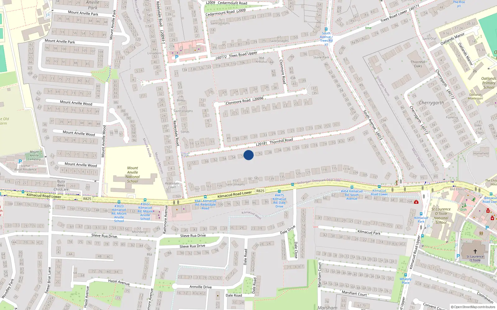 Overhead map showing the location of 48 Thornhill Road, Mount Merrion