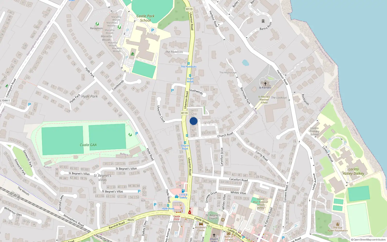 Overhead map showing the location of 48 Ulverton Road, Dalkey
