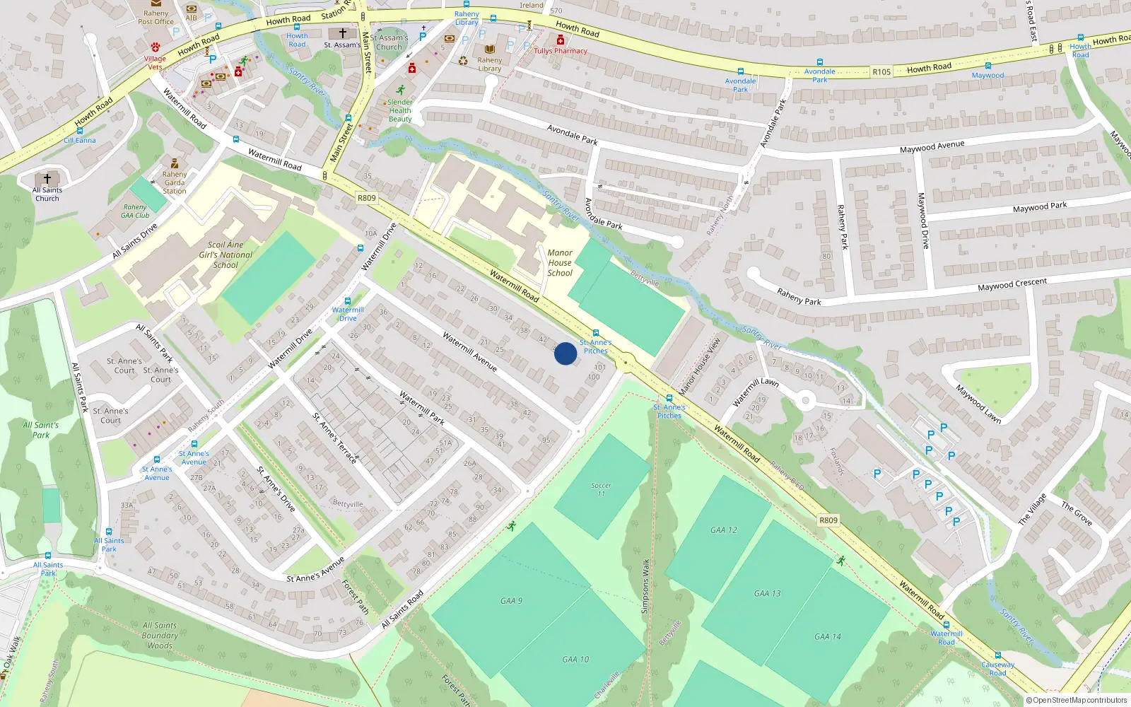 Overhead map showing the location of 48 Watermill Road, Raheny, Dublin 5