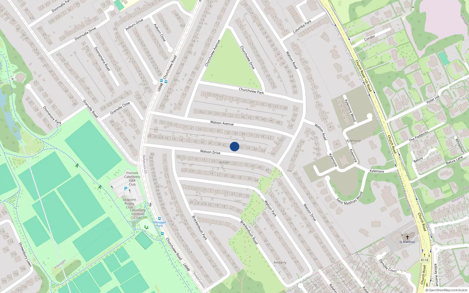 Overhead map showing the location of 48 Watson Drive, Killiney, Dublin