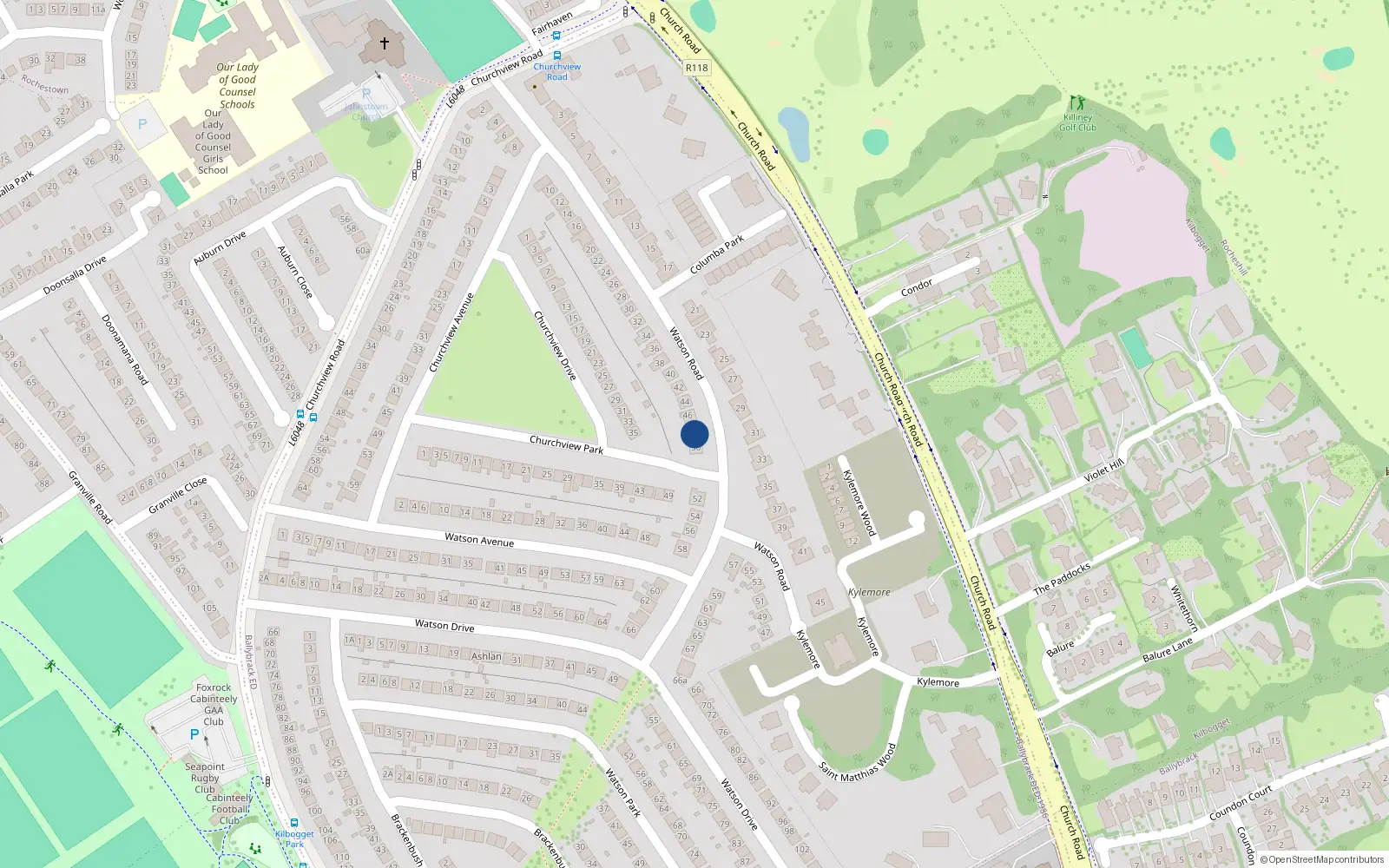 Overhead map showing the location of 48 Watson Road, Killiney, Dublin