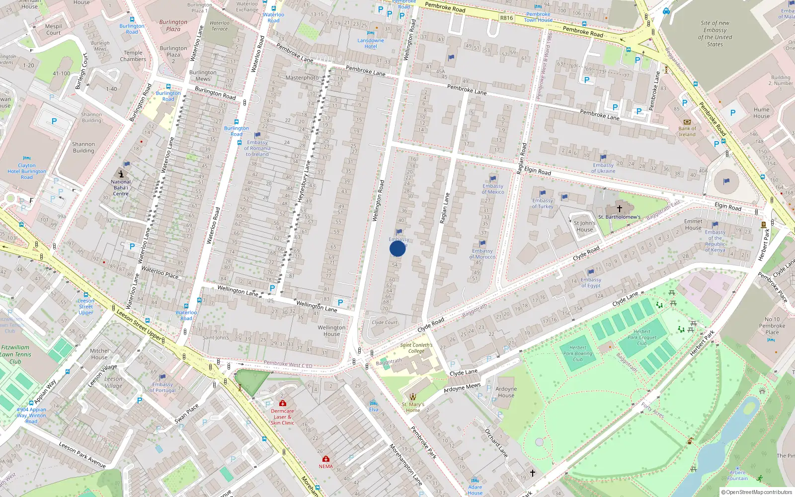 Overhead map showing the location of 48 Wellington Road, Dublin