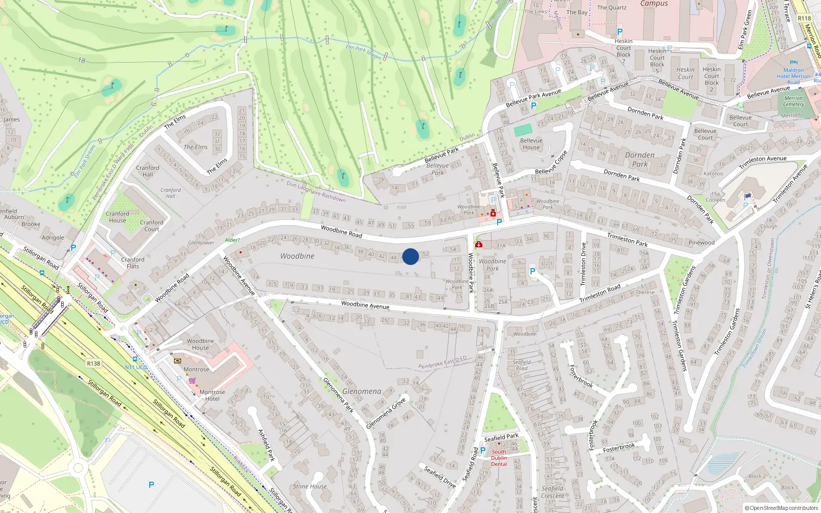 Overhead map showing the location of 48 Woodbine Road, Blackrock