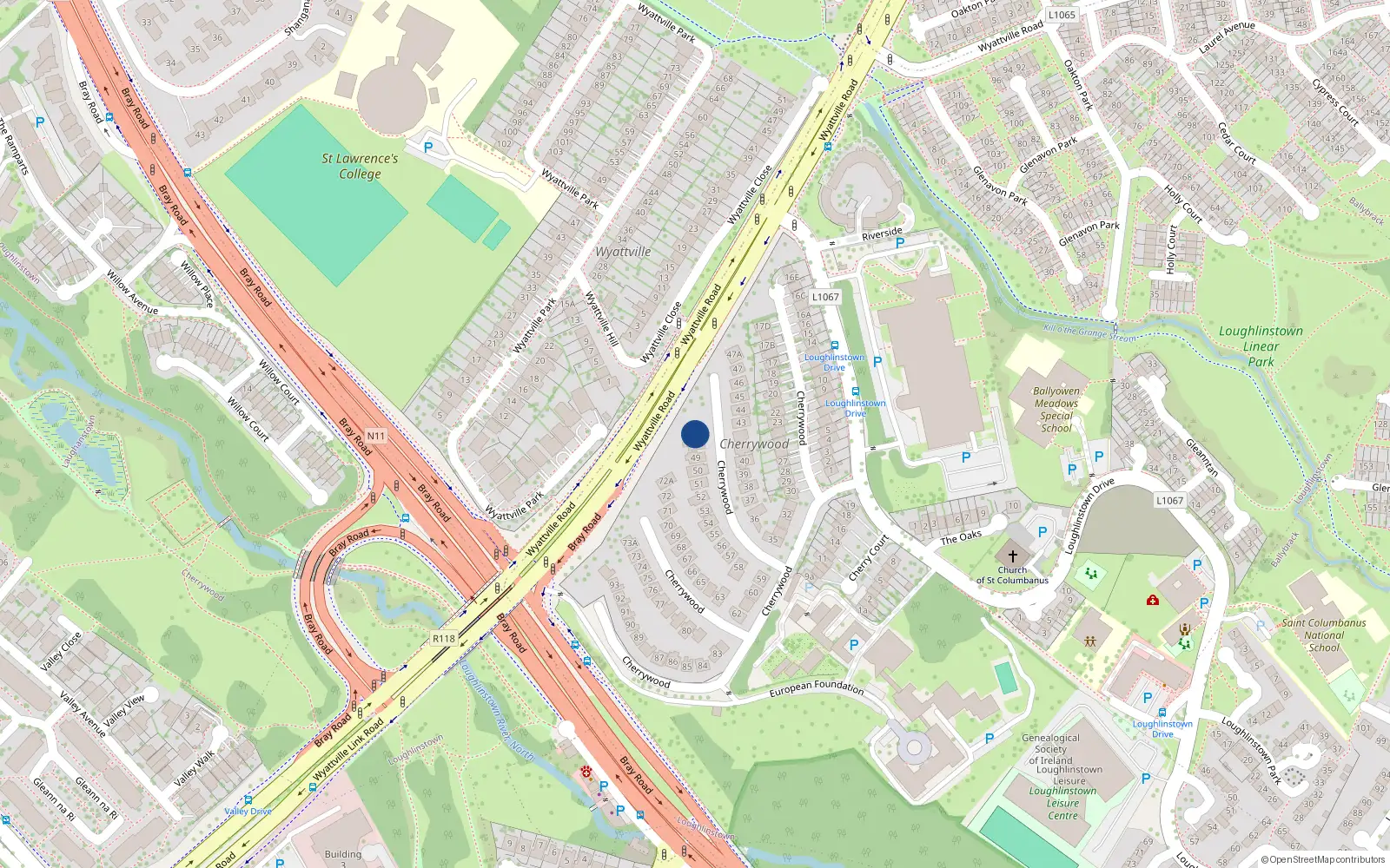 Overhead map showing the location of 48A Cherrywood, Loughlinstown, Dublin