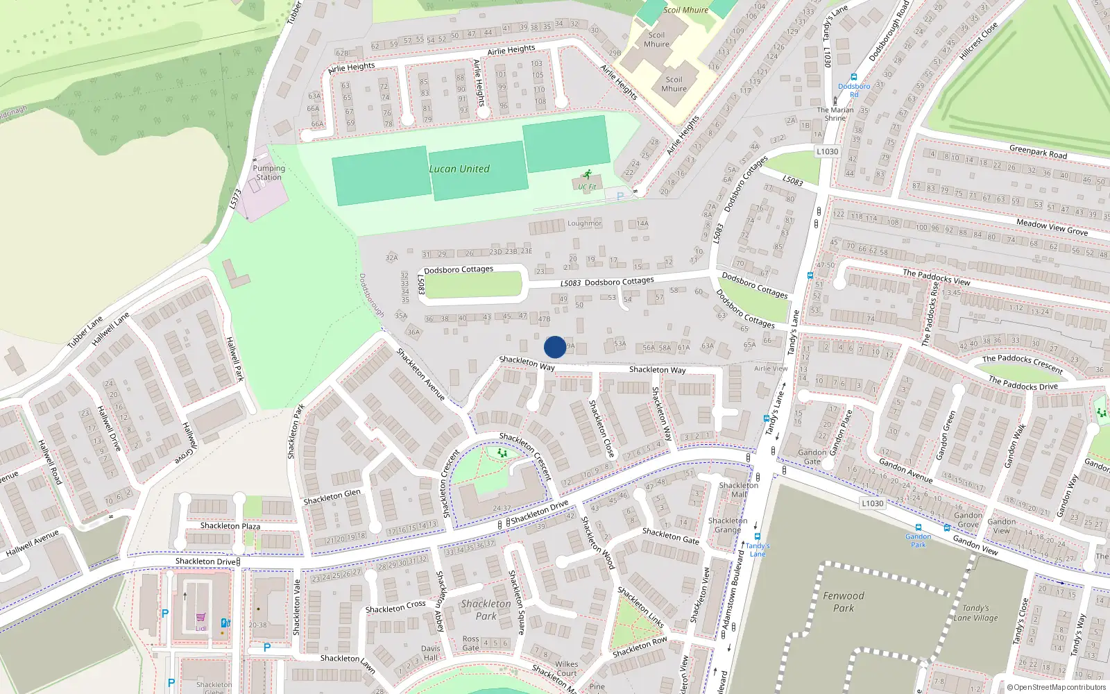 Overhead map showing the location of 48A Dodsboro Cottages, Lucan, Dublin
