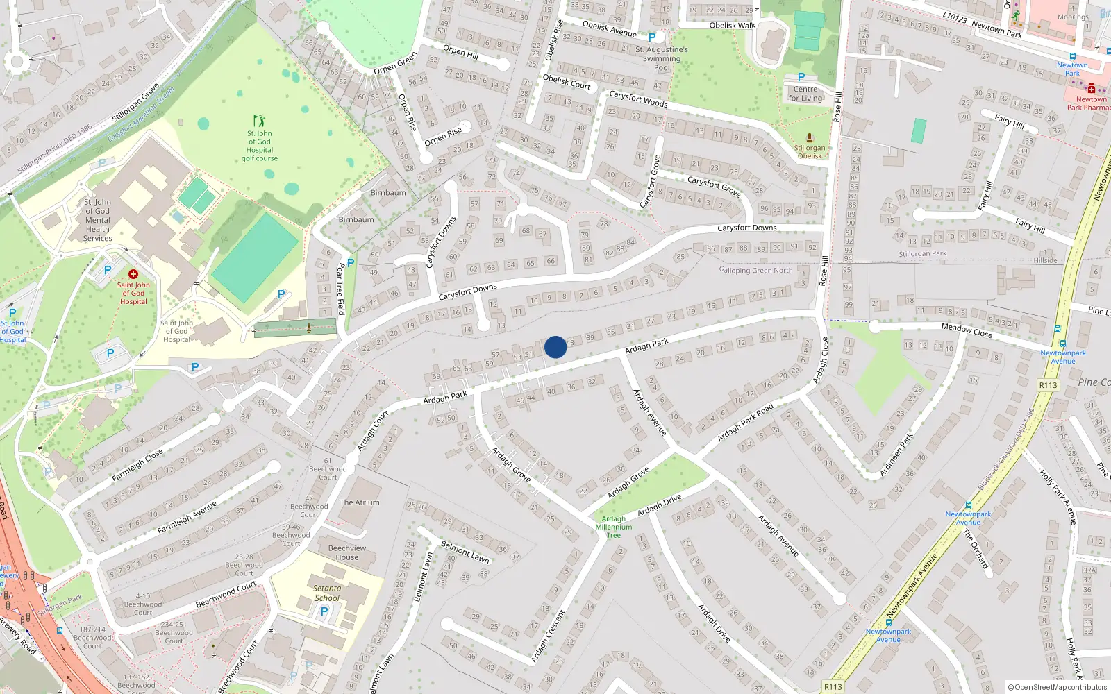 Overhead map showing the location of 49 Ardagh Park, Blackrock, Dublin