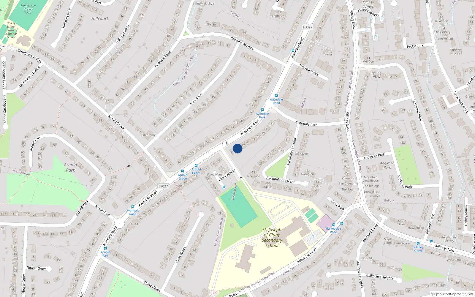 Overhead map showing the location of 49 Avondale Road, Killiney