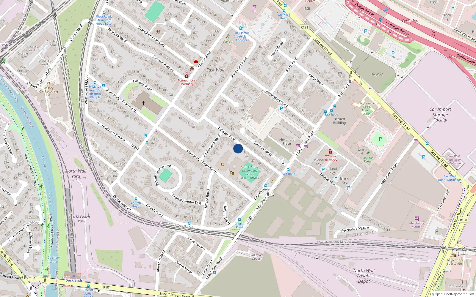 Overhead map showing the location of 49 Caledon Road, East Wall, Dublin 3