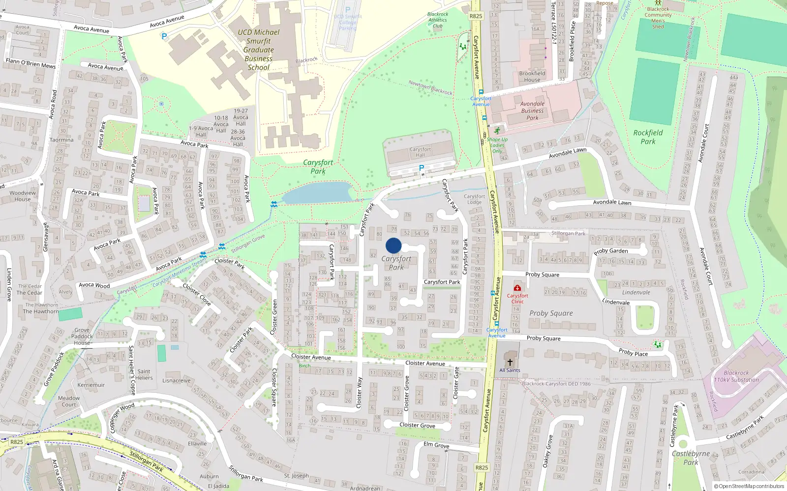 Overhead map showing the location of 49 Carysfort Park, Blackrock, Dublin