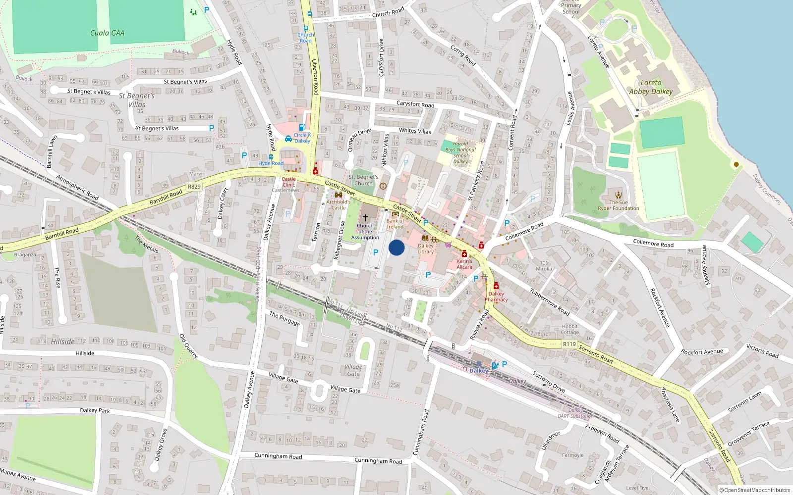 Overhead map showing the location of 49 Castle St, Dalkey, Dublin