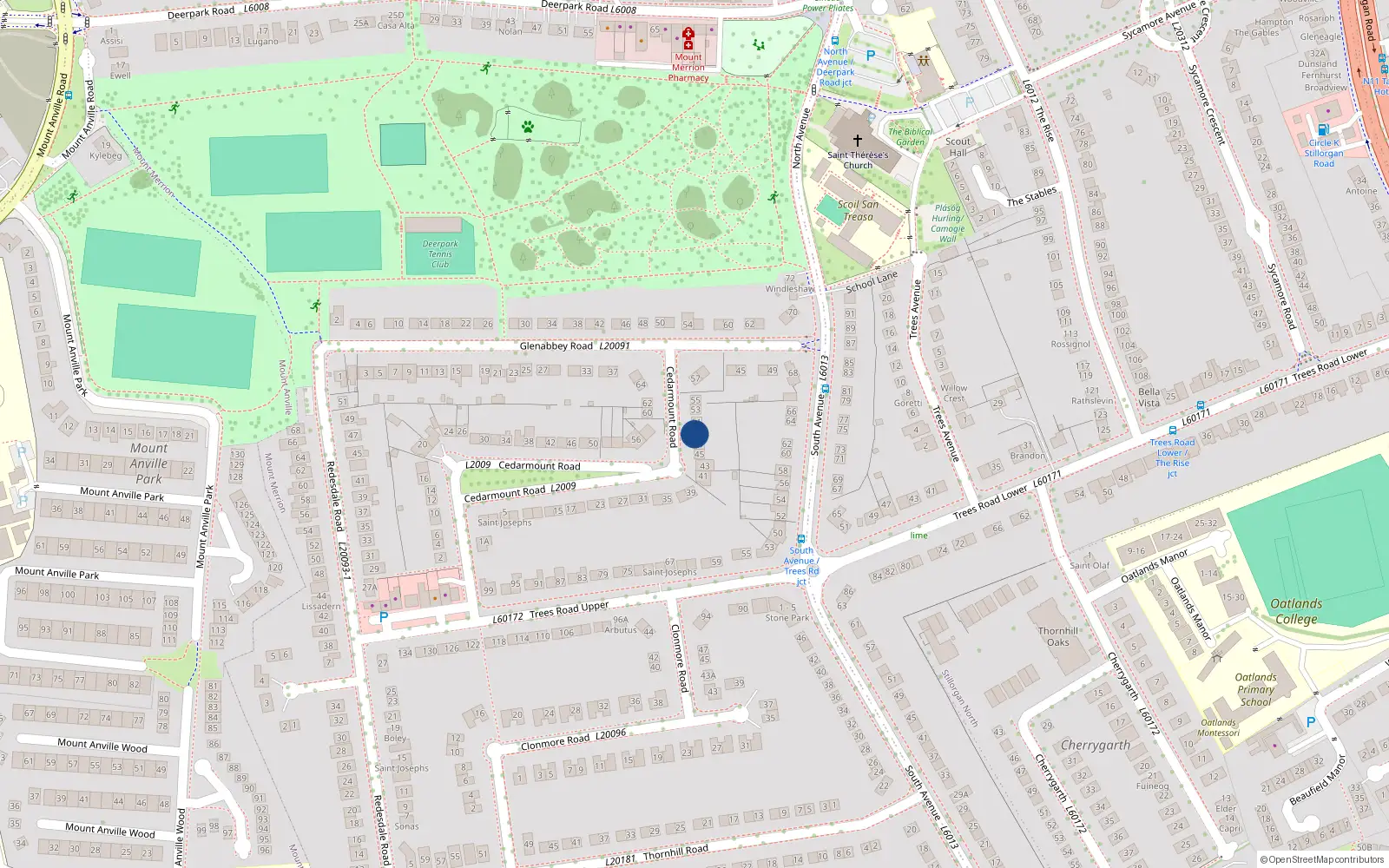 Overhead map showing the location of 49 Cedarmount Road, Mount Merrion, Blackrock