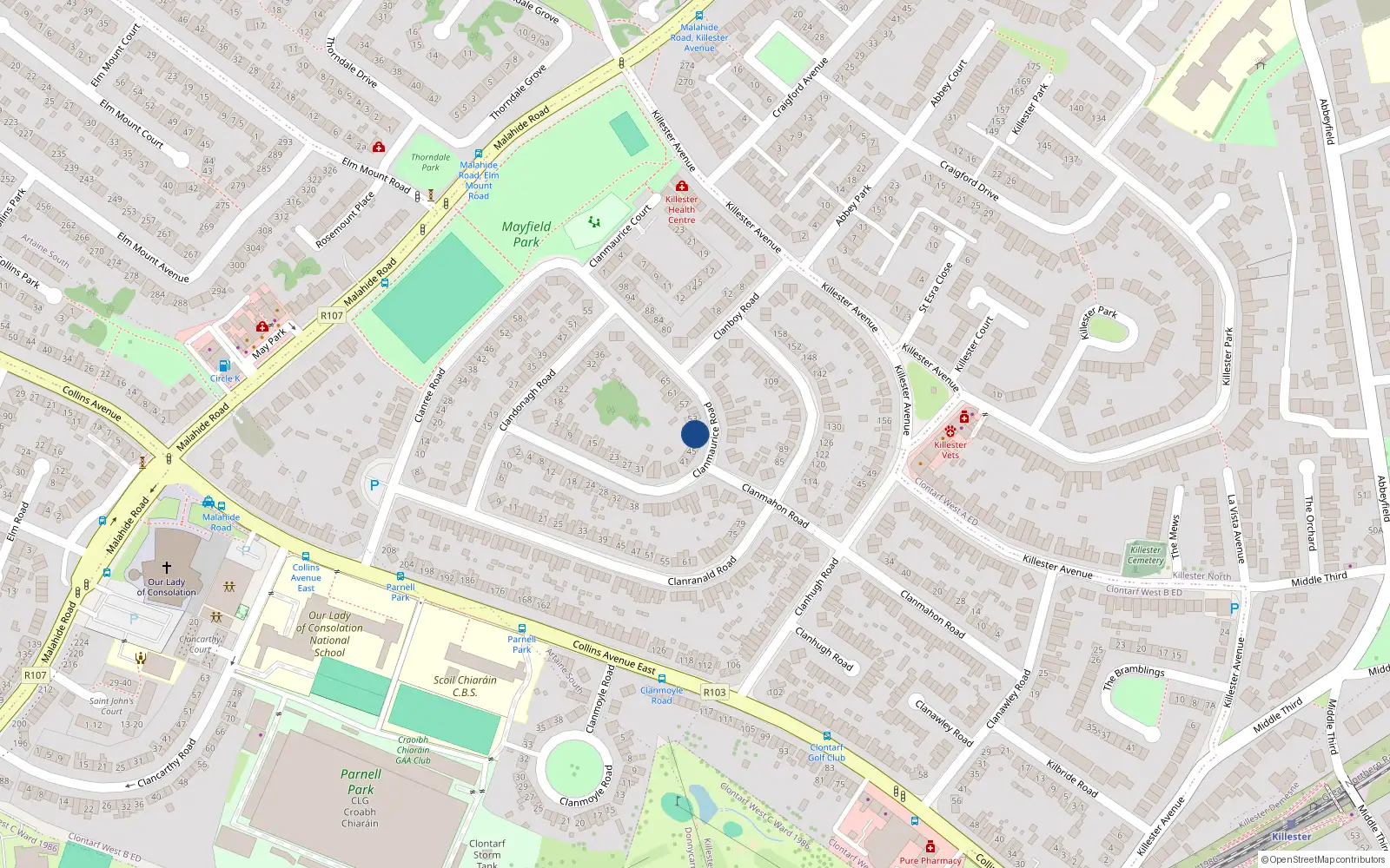 Overhead map showing the location of 49 Clanmaurice Road, Donnycarney, Dublin 5